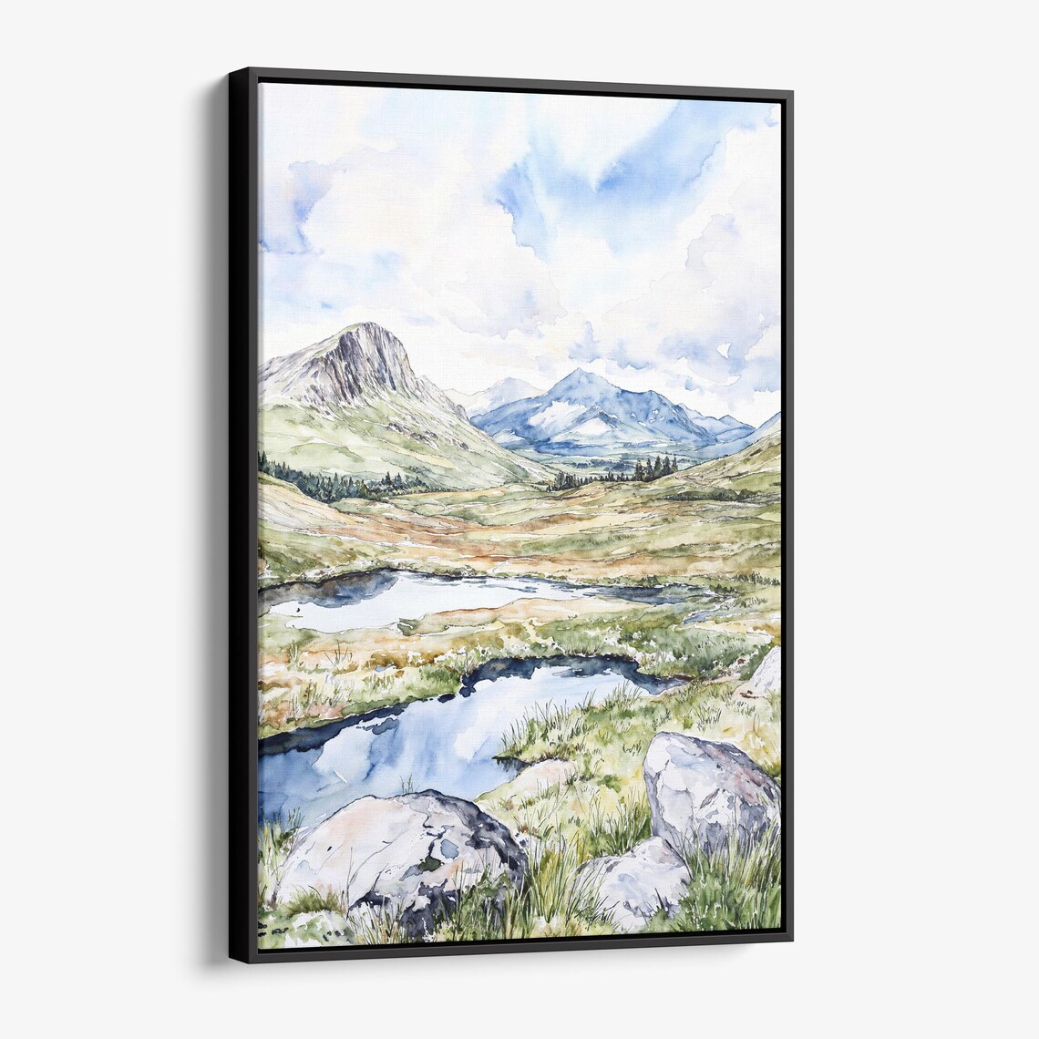 Mountain Valley Stream Watercolor Serene Blue Green Landscape Poster