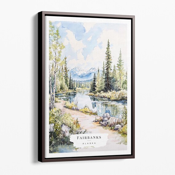 Fairbanks Alaska Watercolor Mountain Lake Landscape Travel Poster