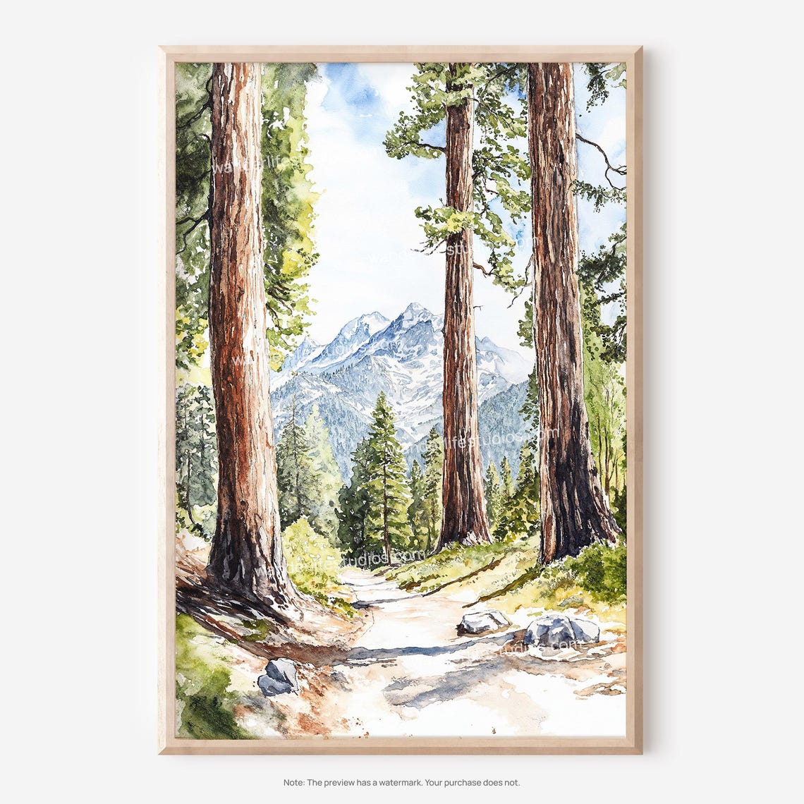 Sequoia National Park Giant Trees Mountain Watercolor Poster