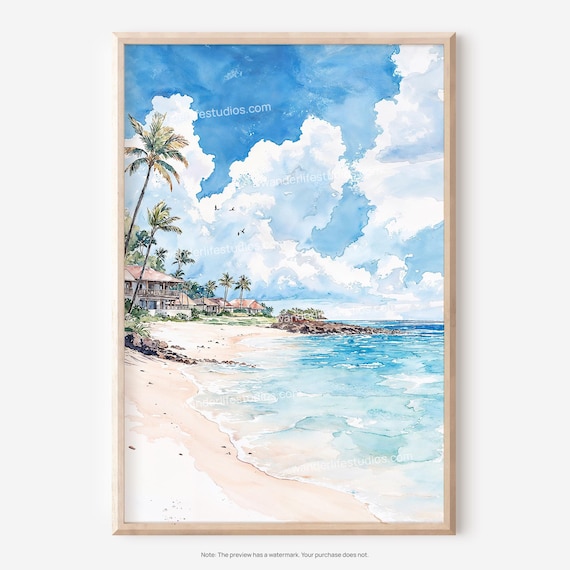 Maui Tropical Beach Watercolor Palm Trees Coastal Home Poster