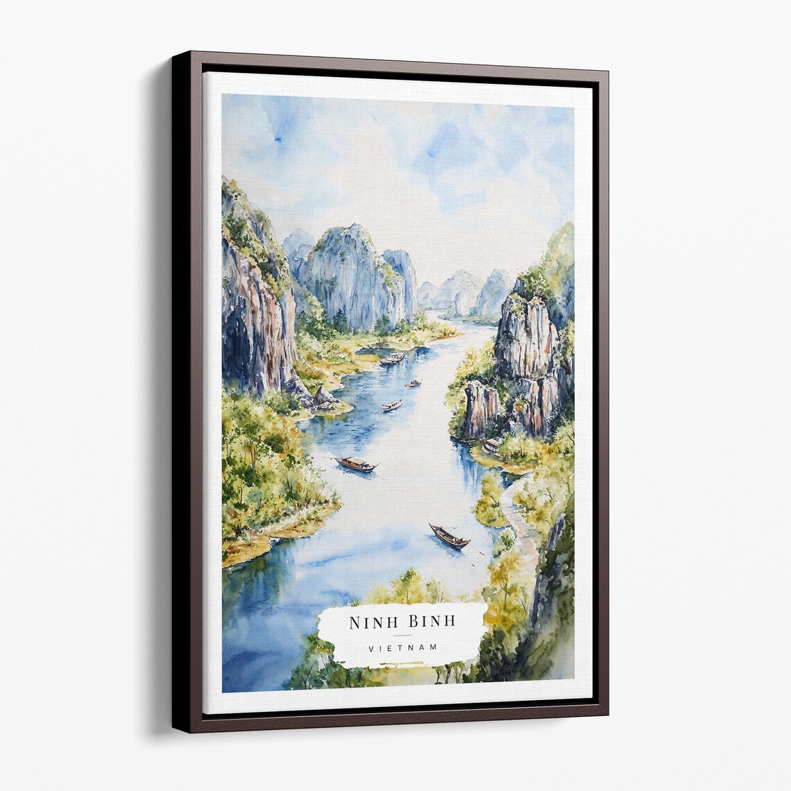 Ninh Binh Vietnam River Karst Mountains Boats Watercolor Travel Poster