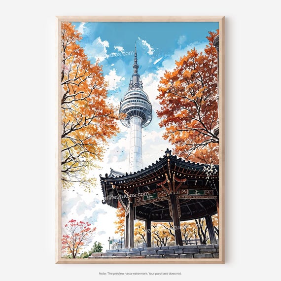 Seoul Tower Wall Art Watercolor Featuring Autumn Colors And Pavilion