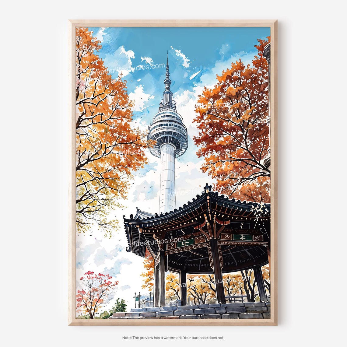 Seoul Tower Wall Art Watercolor Featuring Autumn Colors And Pavilion