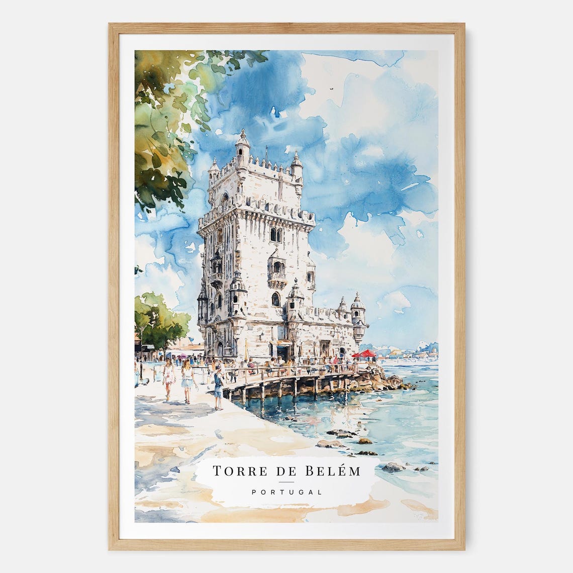 Torre de Belem Lisbon Watercolor Travel Poster with Riverside View