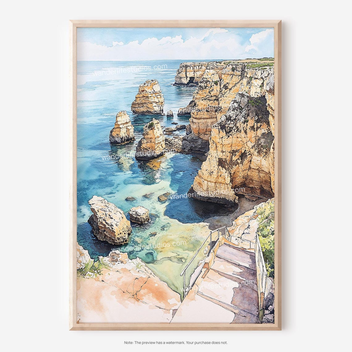 Lagos Portugal Algarve Cliffs Sea Stacks Coastal Watercolor Poster