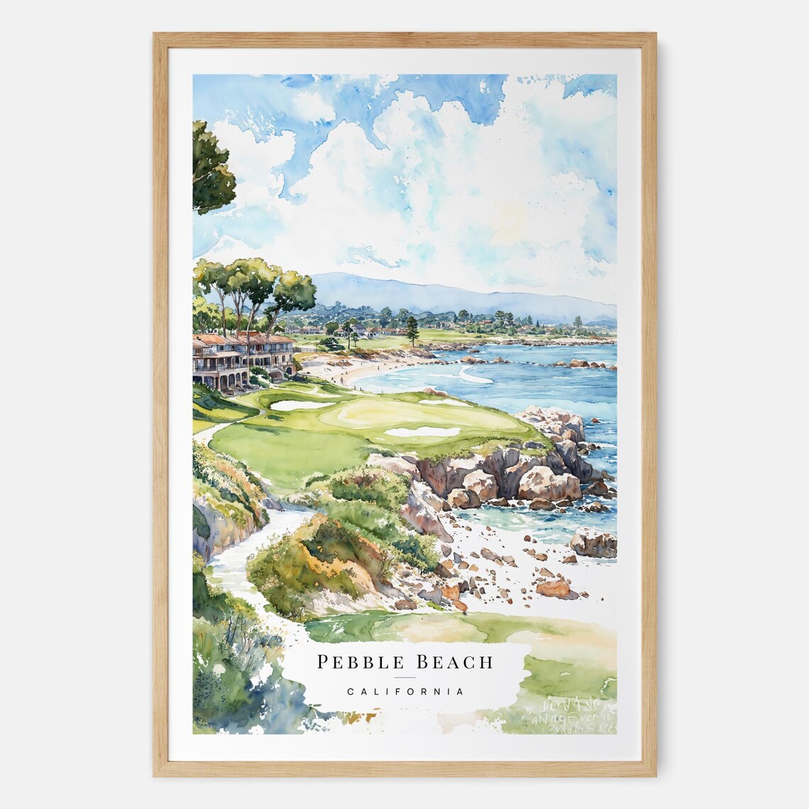 Pebble Beach California Golf Course Coastal Watercolor Travel Poster