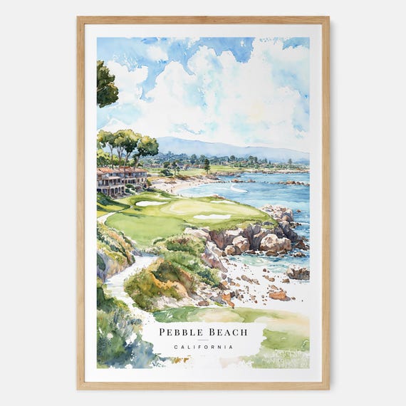 Pebble Beach Watercolor Art Print With Golf Course Wall Usa Travel Gift Moving New Home