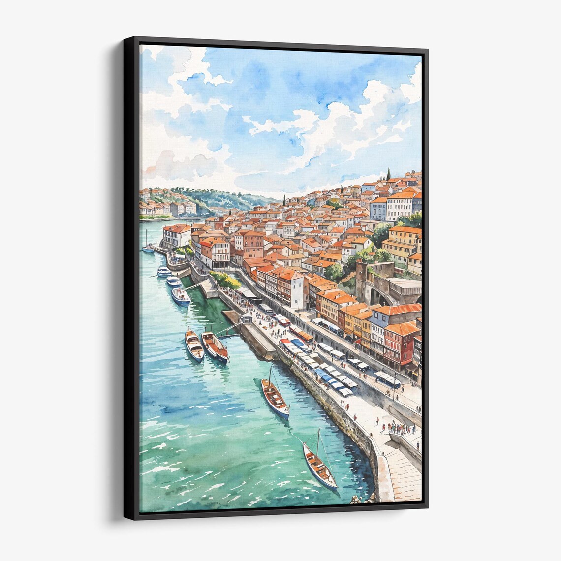 Riverside Old Town Watercolor Colorful River Boats Scenic Art Poster