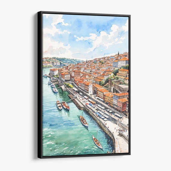 Porto Skyline Canvas Print Coastal Watercolor Cityscape Wall Art