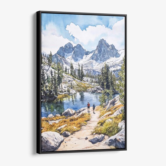 Kings Canyon Alpine Lake Watercolor Poster with Snowy Peaks and Hikers