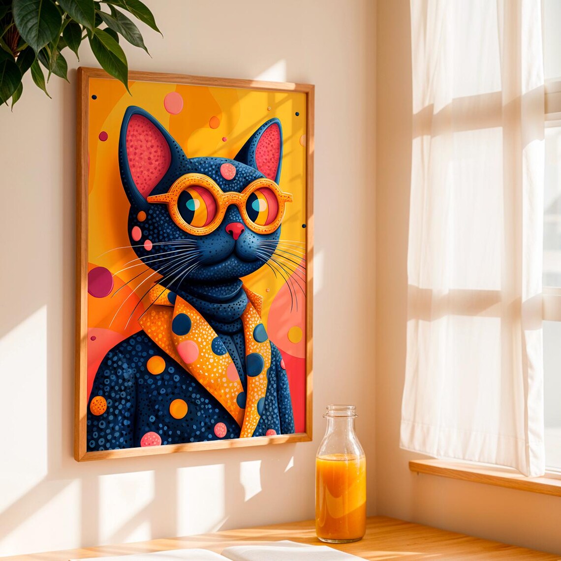 Pop Art Blue Cat Yellow Glasses Polka Dot Scarf Retro Wall Art Print - Image 4