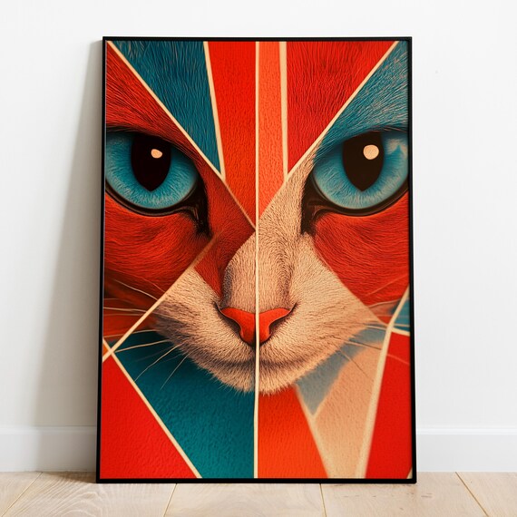 Geometric Cat Face Red Blue Art Deco Split Portrait Modern Wall Art Print