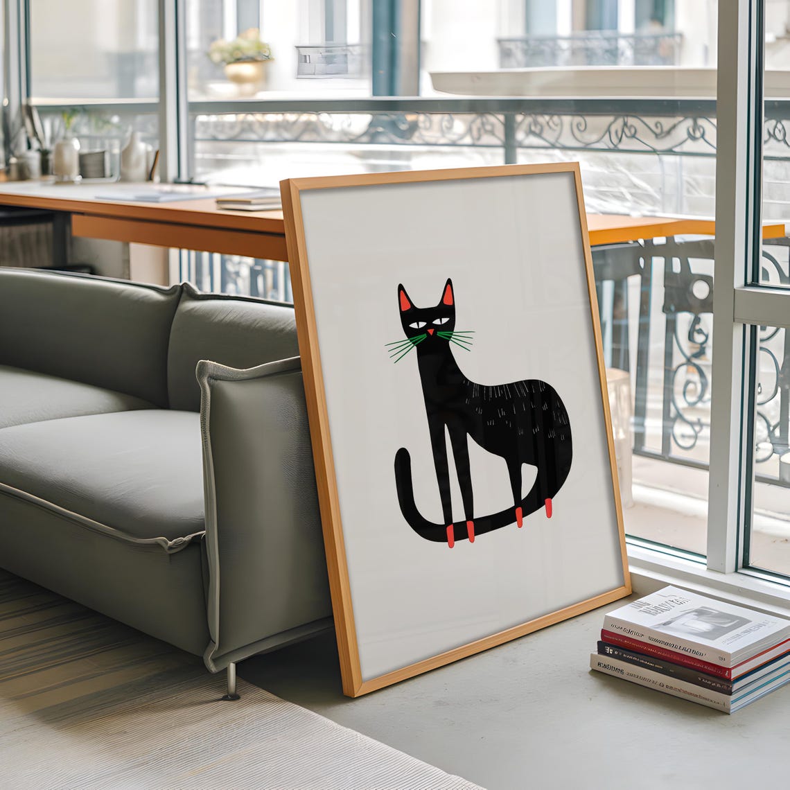Black Folk Art Cat Red Paws Scandinavian Retro Nursery Wall Art Poster - Image 3