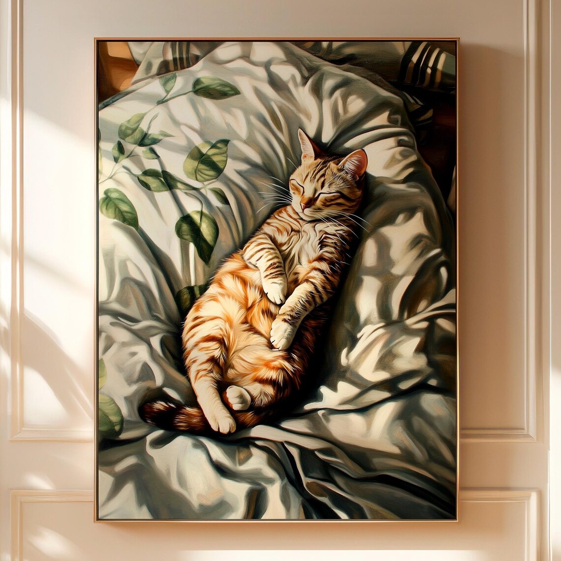 Orange Tabby Cat Sleeping Sunlit Bed Sheets Purr Bedroom Wall Art Print