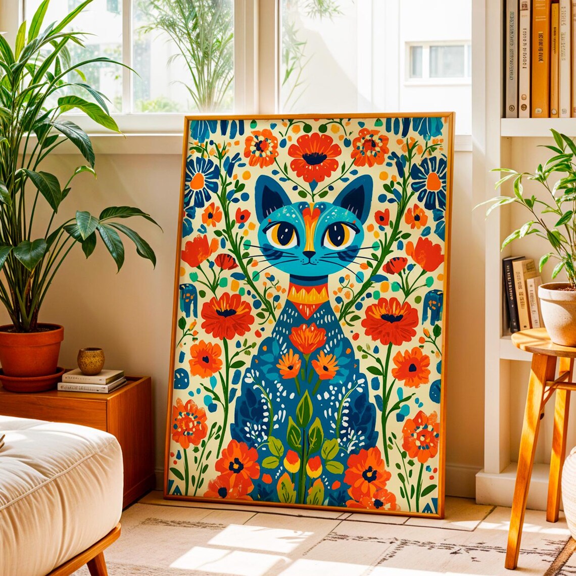 Blue Folk Art Cat Red Flowers Scandinavian Boho Botanical Wall Art Print - Image 4