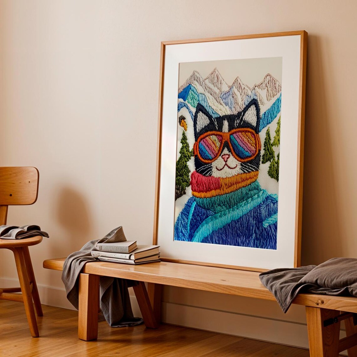 Skier Cat Rainbow Goggles Snowy Mountain Embroidery Winter Wall Art Print - Image 4