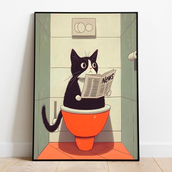 Funny Cat Reading Newspaper On Toilet Bathroom Humor Animal Wall Art Print