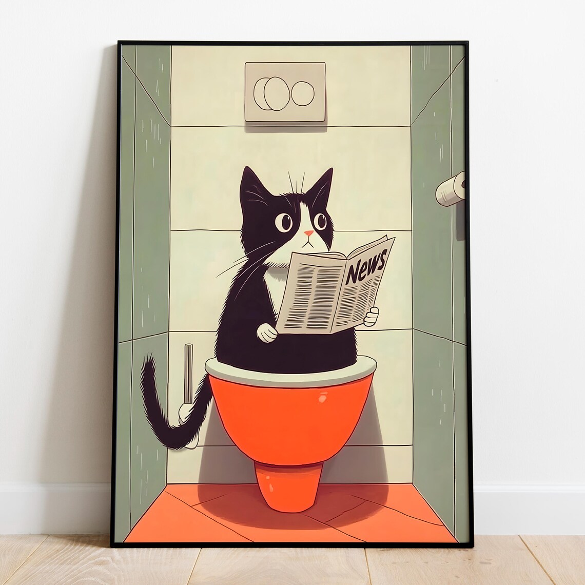 Funny Cat Reading Newspaper On Toilet Bathroom Humor Animal Wall Art Print