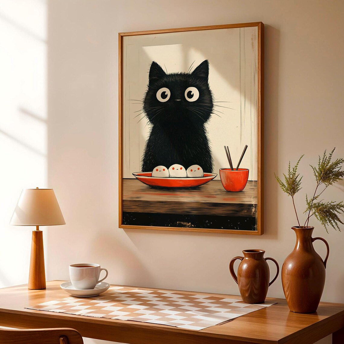 Funny Black Cat Steamed Dumplings Japanese Food Illustration Wall Art Print - Image 3