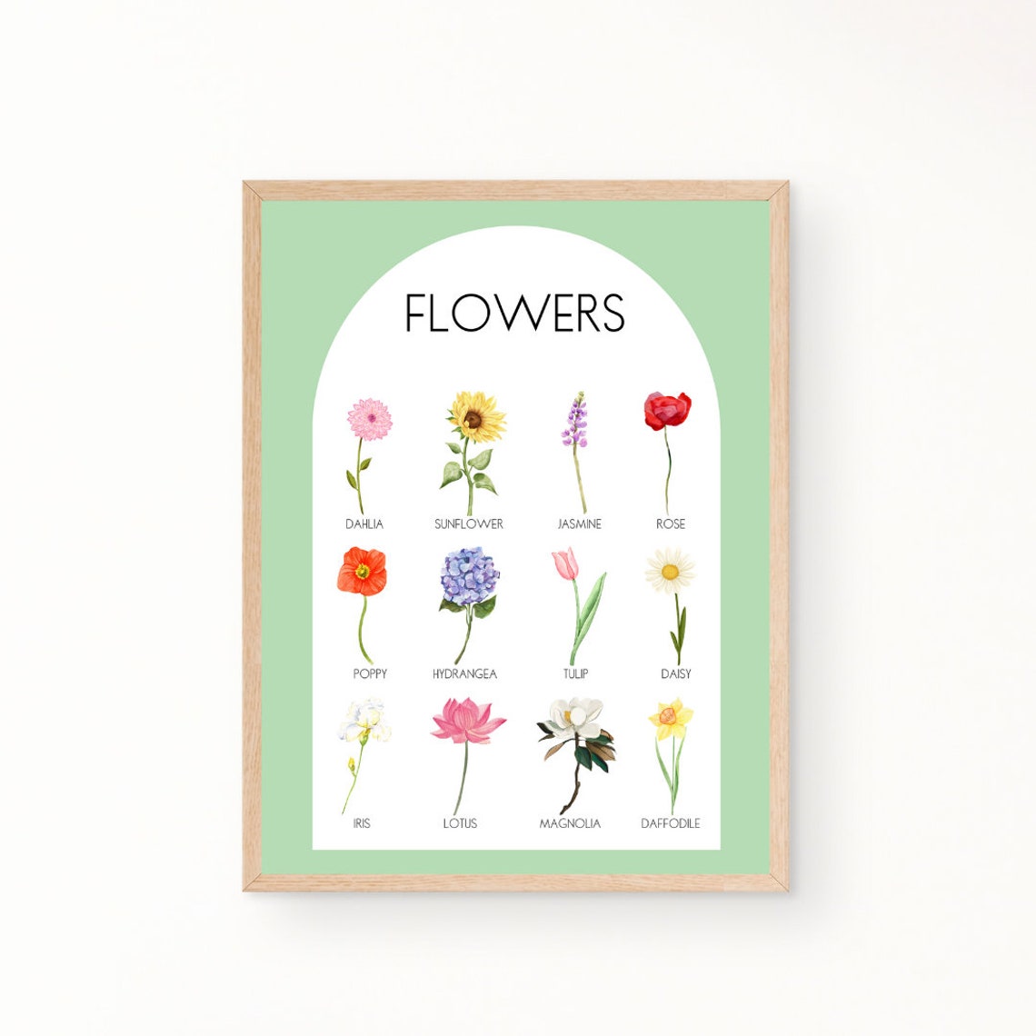 Watercolor Flowers Educational Poster with Names for Kids Room Decor