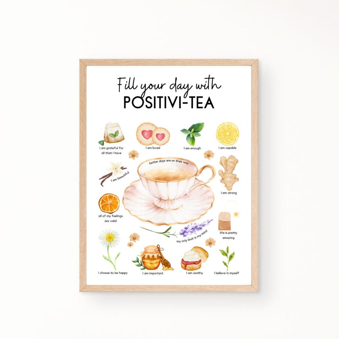 Positivi Tea Affirmations Watercolor Tea Cup Mindfulness Quote Poster