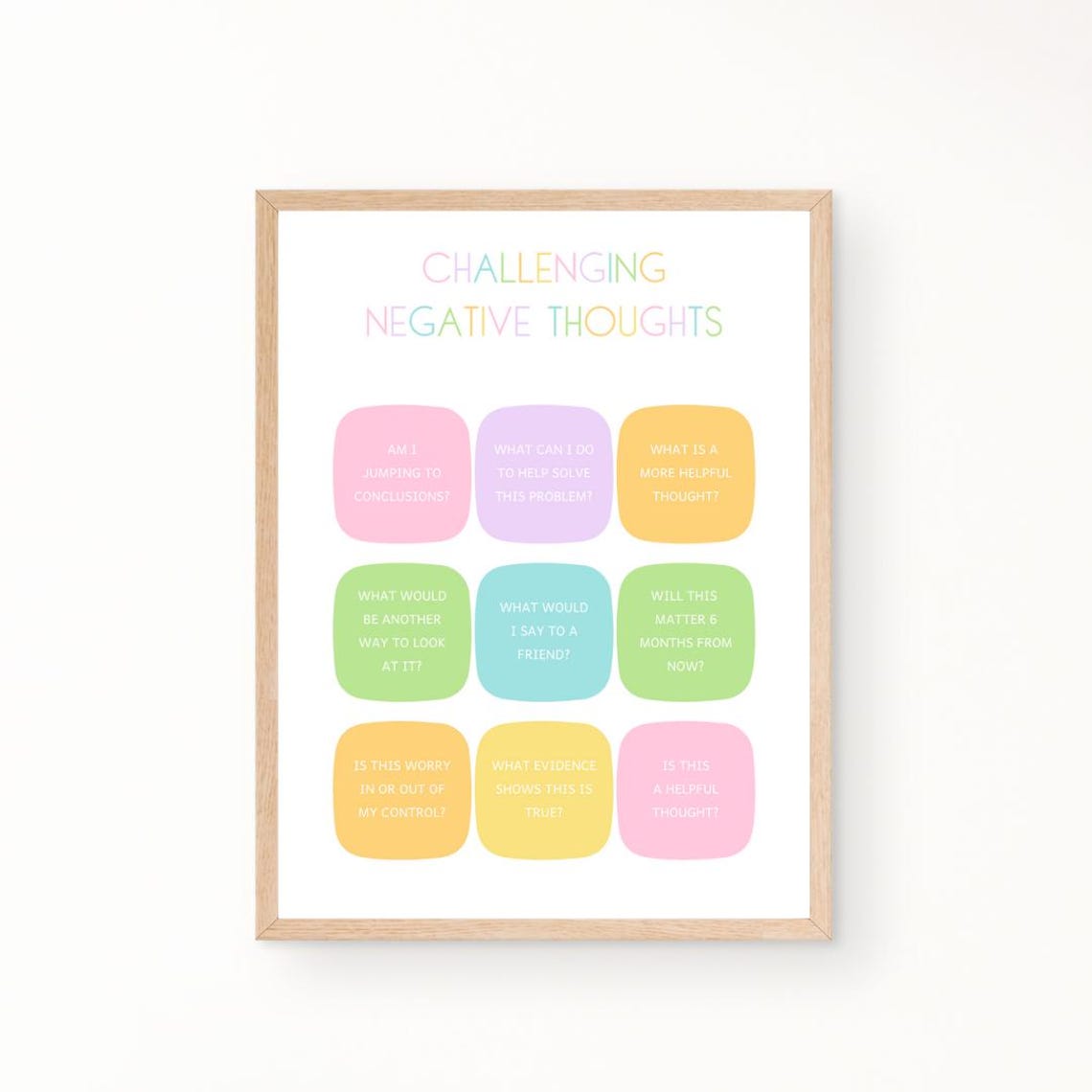 Challenging Negative Thoughts Pastel CBT Questions Therapy Poster