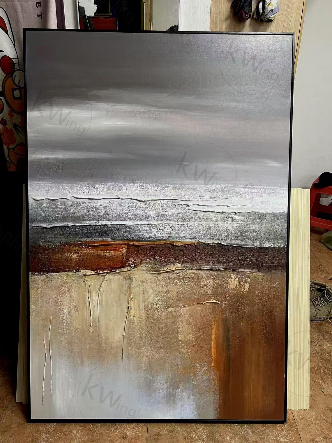 Gray Bronze Sunset Over Water Abstract Landscape Textured Art Poster - Image 2