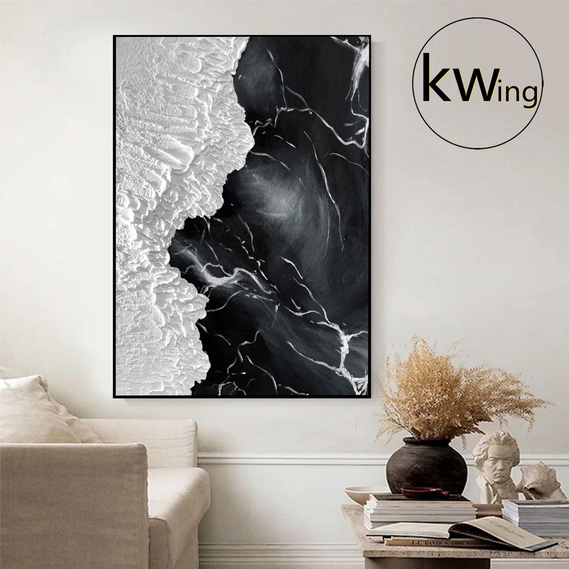 Black White Marble Wave Abstract Textured Coastal Contrast Art Poster - Image 2