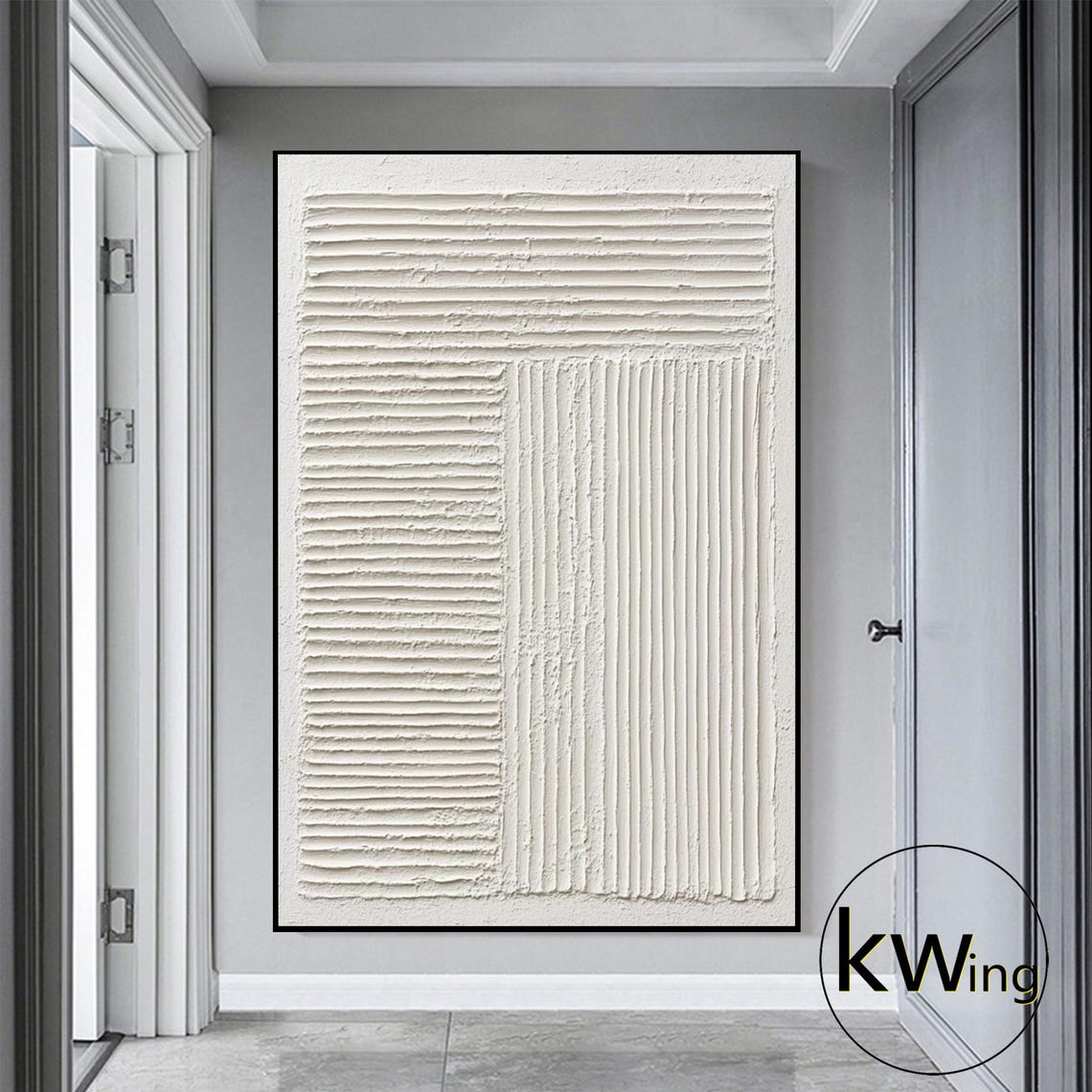 White Striped Geometric 3D Texture Abstract Painting Minimalist Poster - Image 3