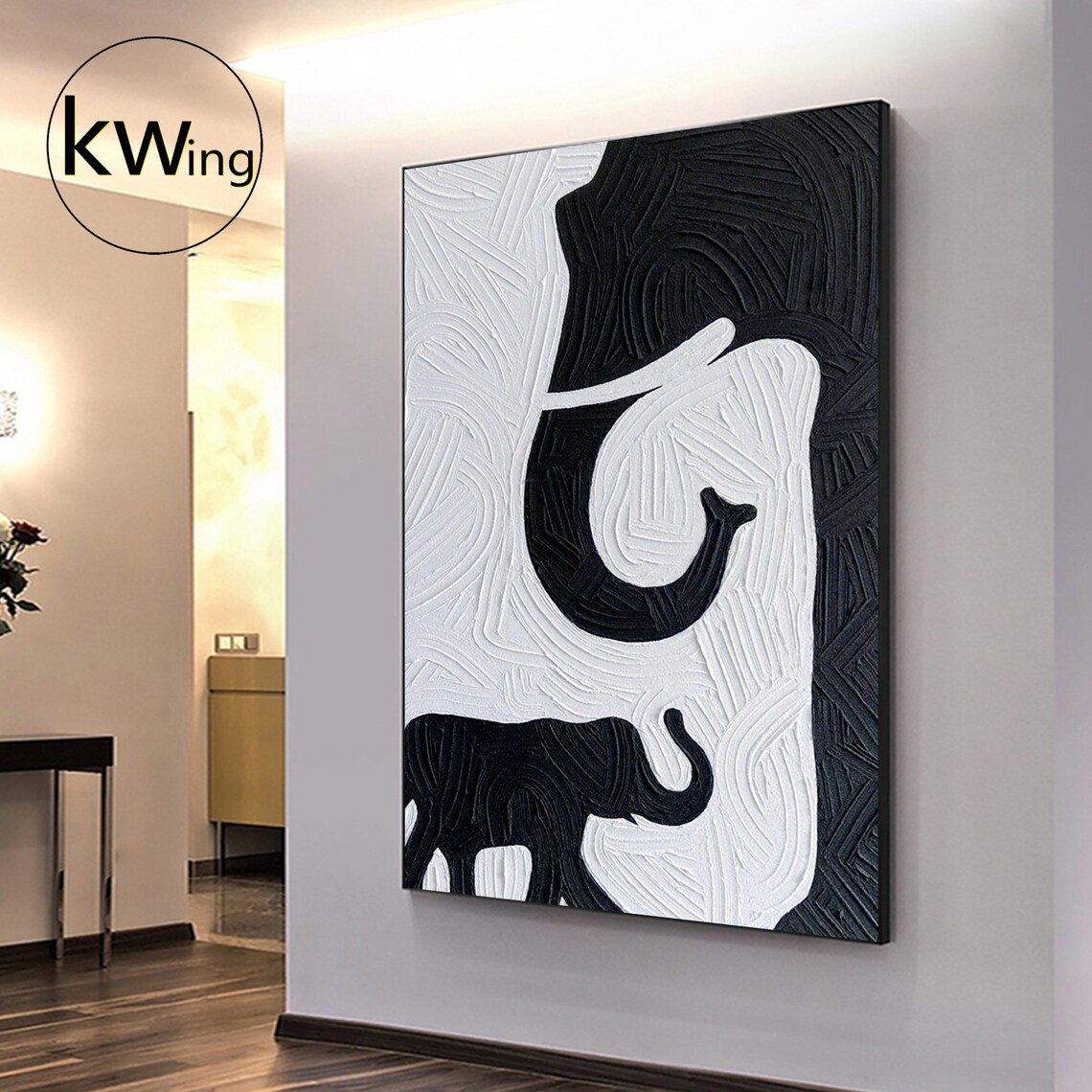 Mother Baby Elephant Black White Textured Abstract Safari Art Poster - Image 5