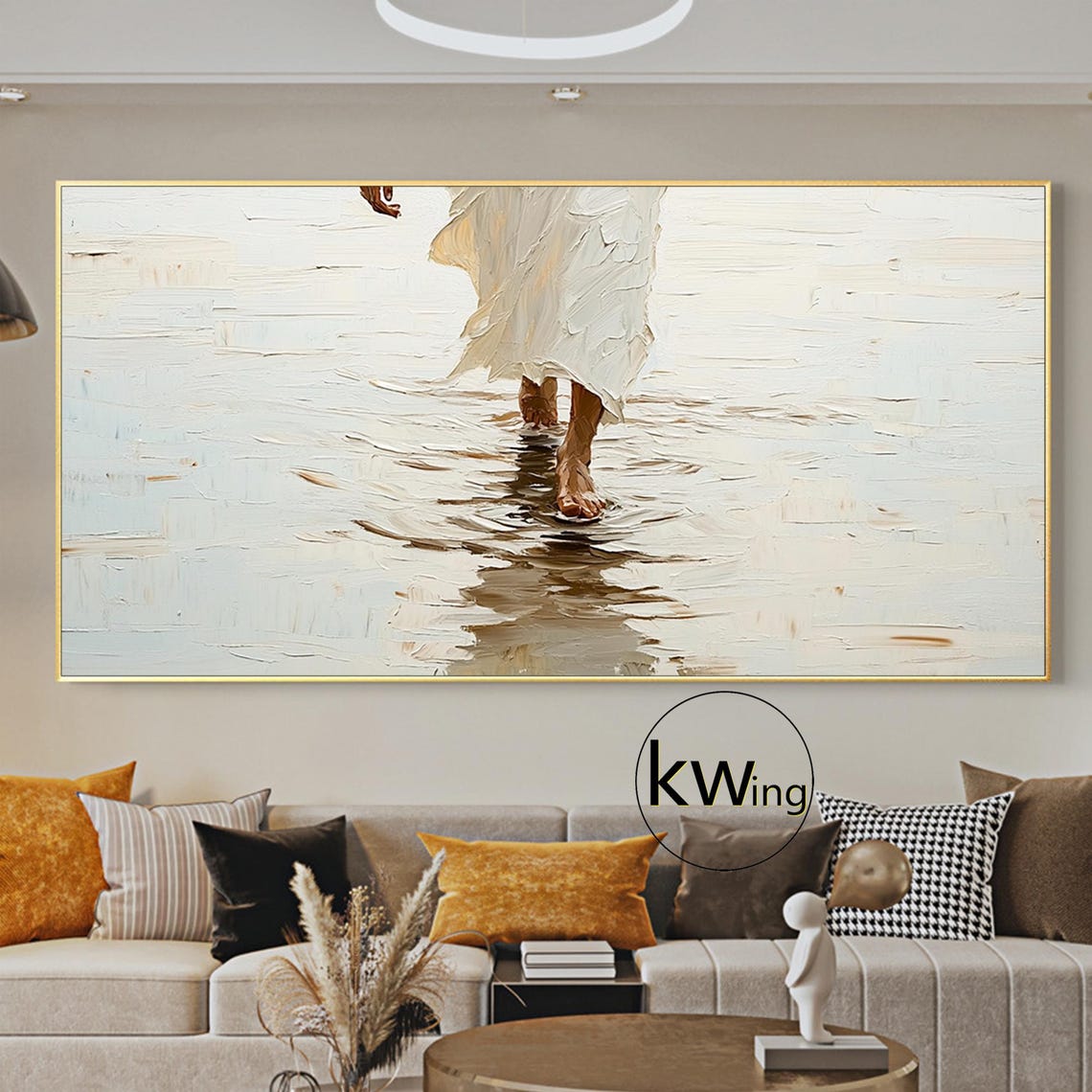 Jesus Walking on Water Minimalist Beige Textured Faith Art Poster - Image 2