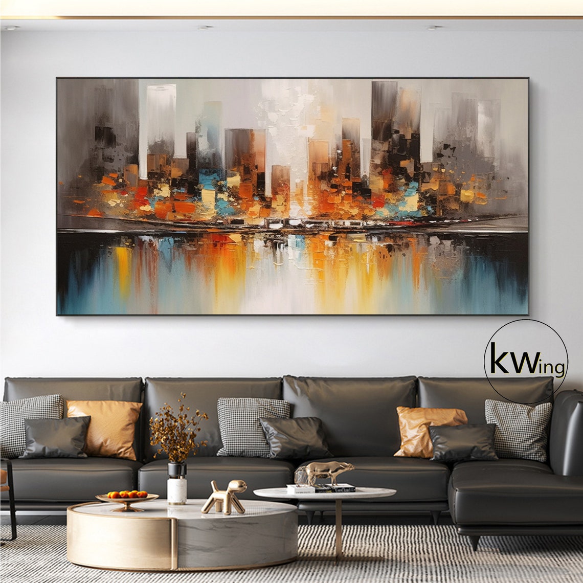 Abstract Urban Skyline Orange Teal Water Reflection Texture Art Poster - Image 3