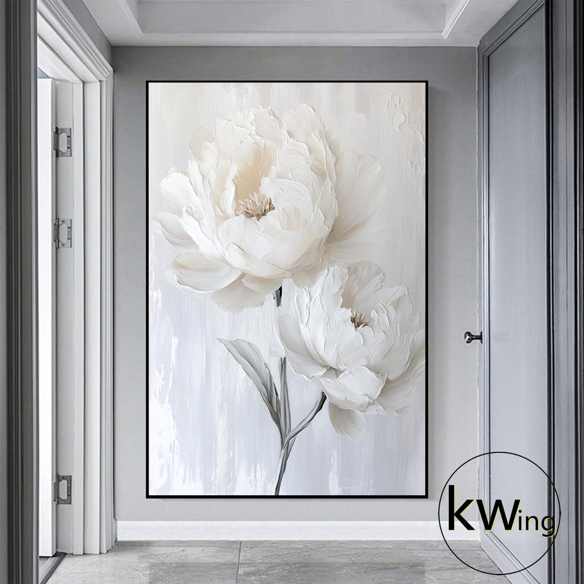 White Peony Blossom 3D Texture Painting Elegant Floral Wall Art Poster - Image 3