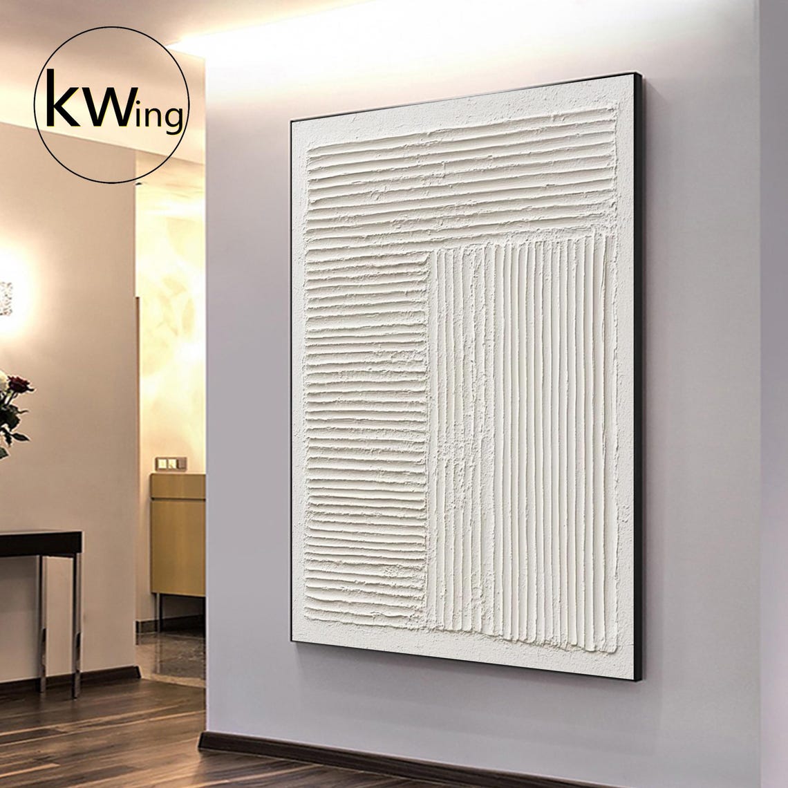 White Striped Geometric 3D Texture Abstract Painting Minimalist Poster - Image 5