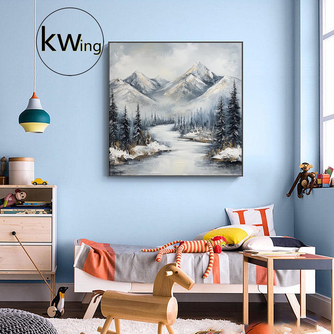 Snow Covered Mountains Winding River Evergreen Forest Landscape Poster - Image 3