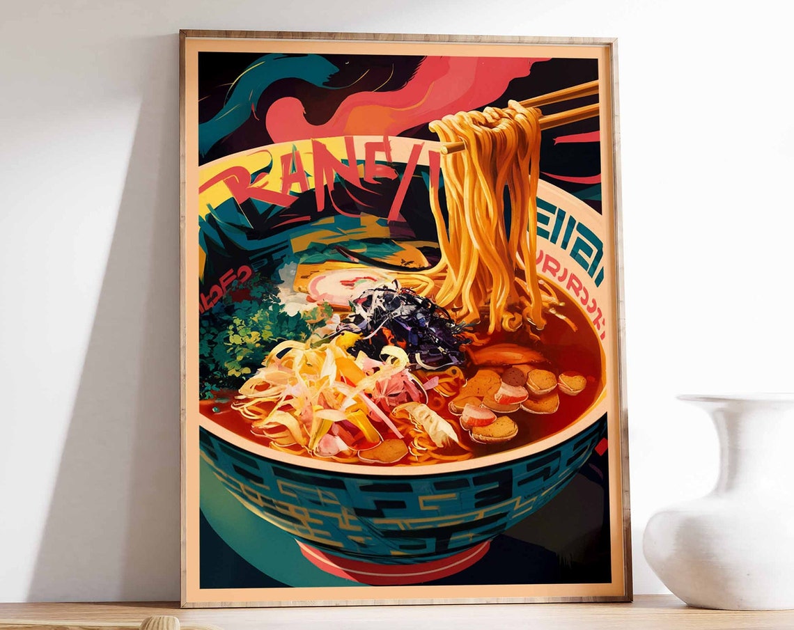 Colorful Ramen Noodle Bowl Graffiti Style Kitchen Art Poster