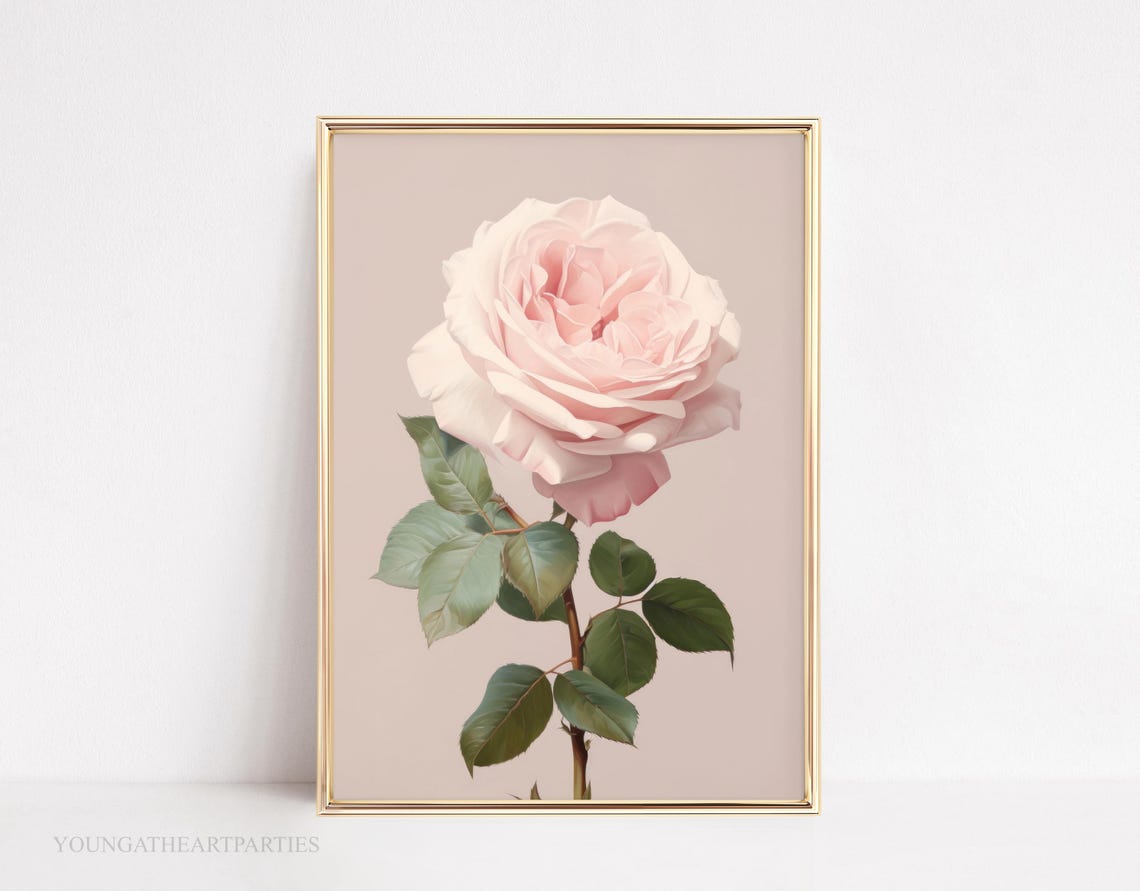Blush Pink Single Rose Botanical Vintage Style Framed Wall Art
