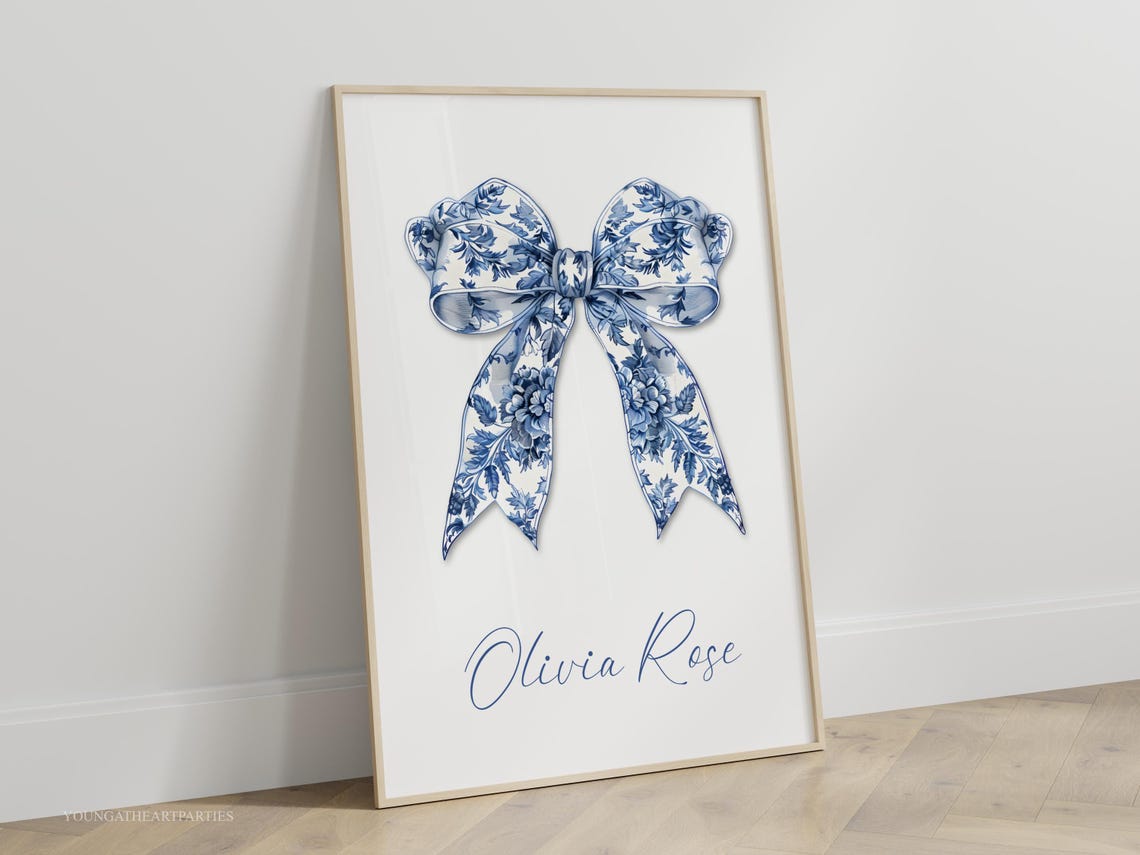 Blue Floral Bow Personalized Baby Girl Nursery Name Wall Art