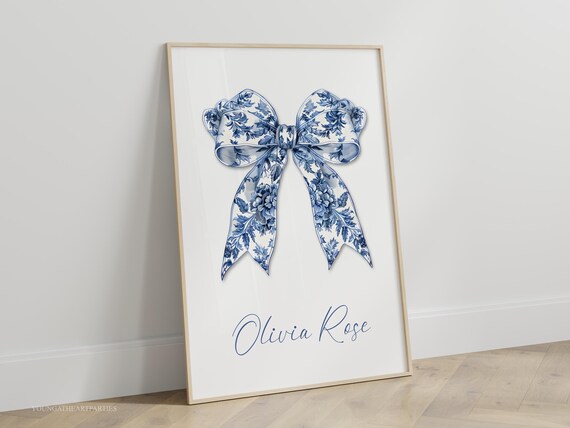 Blue Floral Bow Personalized Baby Girl Nursery Name Wall Art