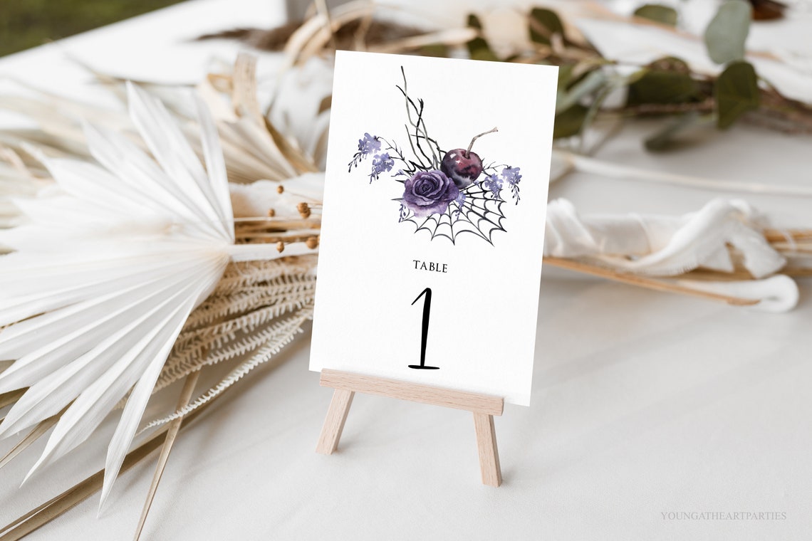 Halloween Plum Floral Table Number Card One Wedding Decor Print