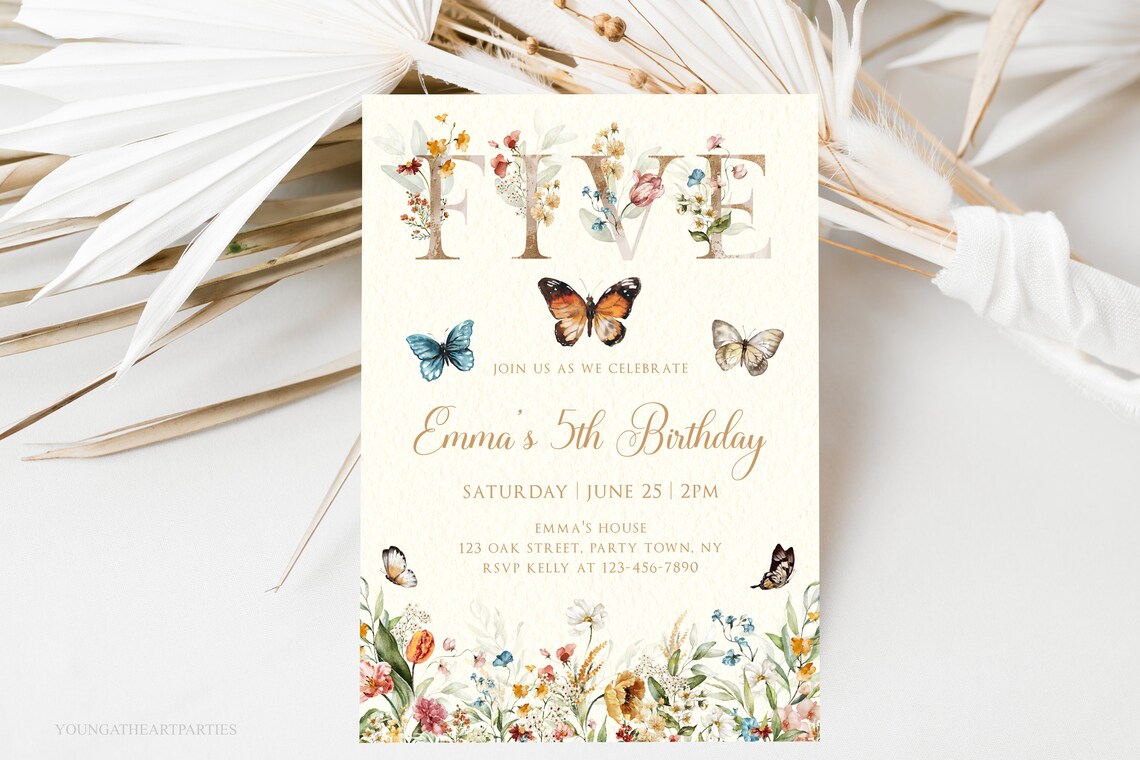 Wildflower 5th Birthday Invitation Butterfly Floral FIVE Party Print
