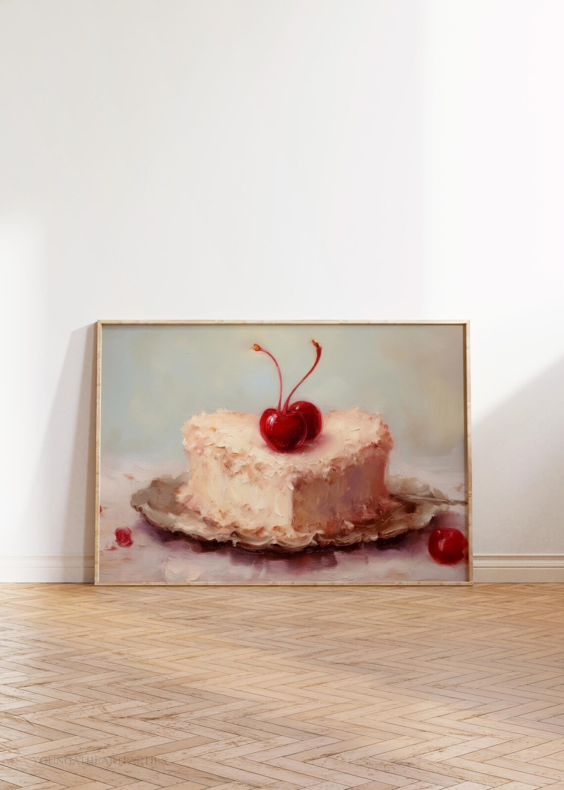 Cherry Heart Cake Oil Painting Art Print Bakery Wall Art Coquette Cake Art Print Vintage Coquette Cake Food Illustration Painting