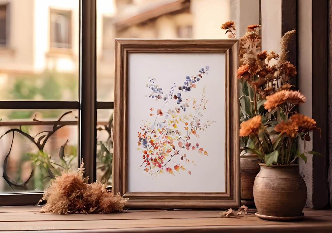 Minimalist Autumn Branch Watercolor Art Print Blue Berry Wall Decor - Image 2