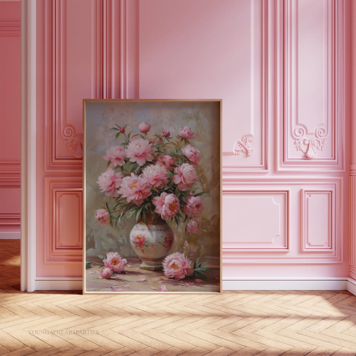 Pink Peonies Oil Painting Bouquet Vase Floral Still Life Art Print - Image 5