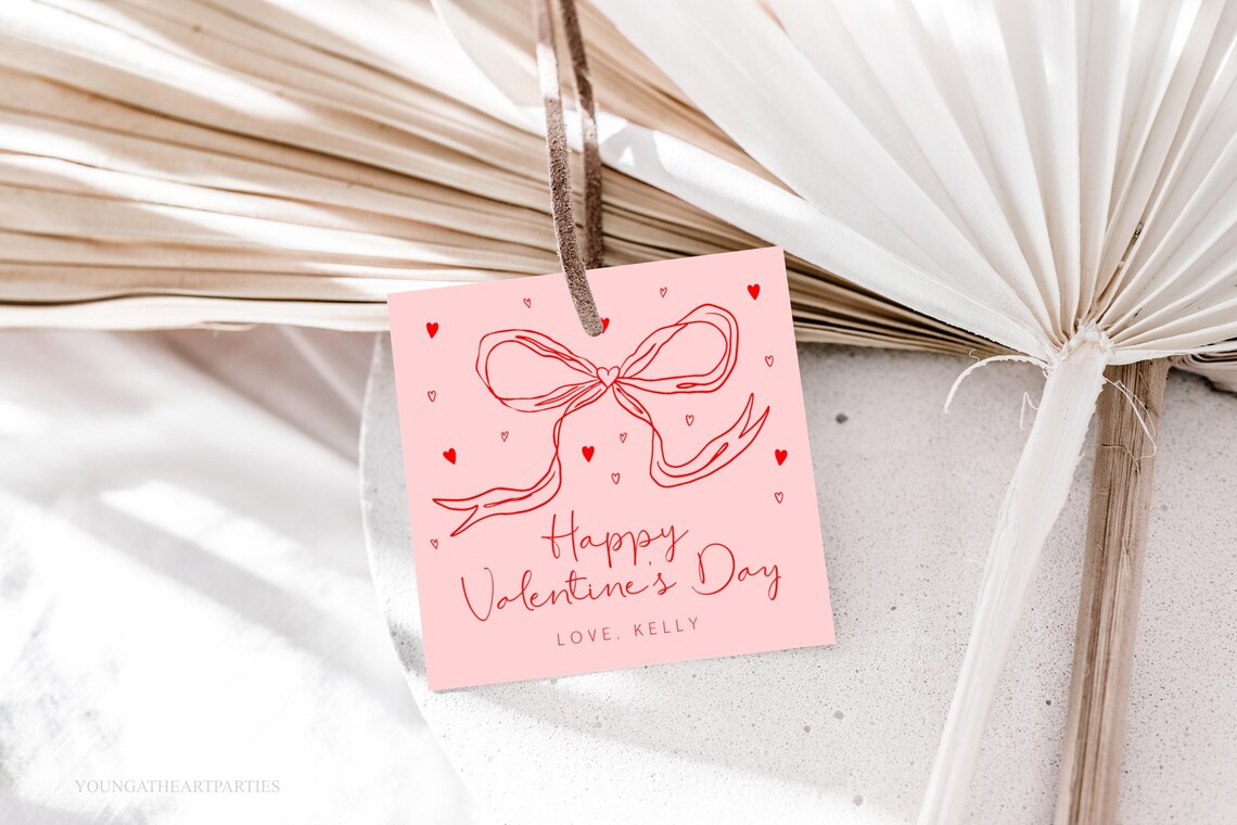 Happy Valentine's Day Gift Tag Pink Bow Line Art Card Poster