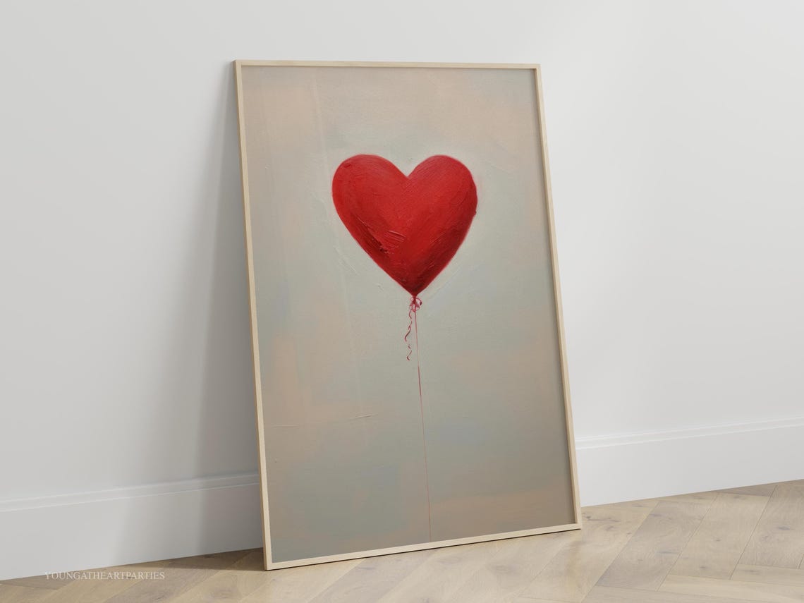 Red Heart Balloon Minimalist Love Art Soft Gray Modern Wall Print
