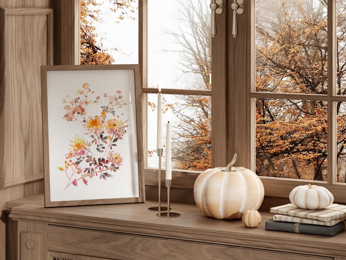 Soft Fall Watercolor Floral Art Print Autumn Chrysanthemum Wall Decor - Image 2