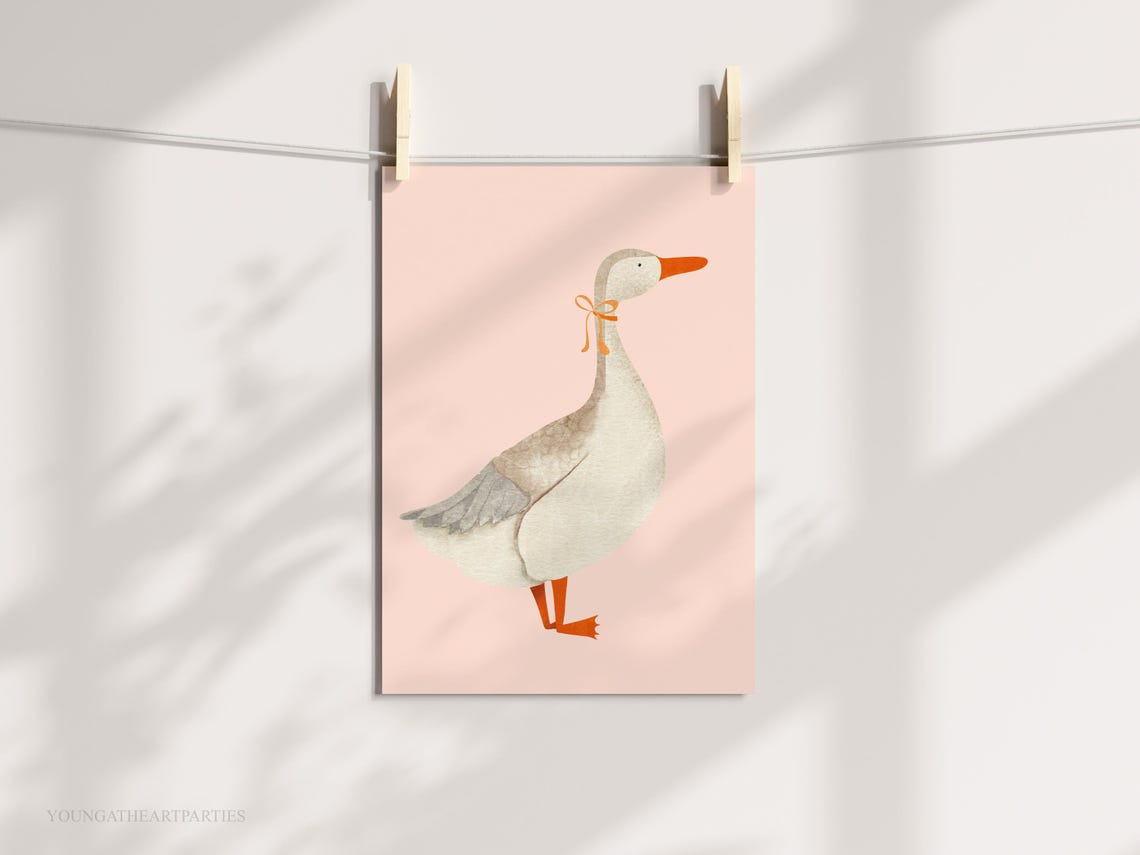 Watercolor Goose with Orange Bow on Blush Pink Nursery Wall Art - Image 2