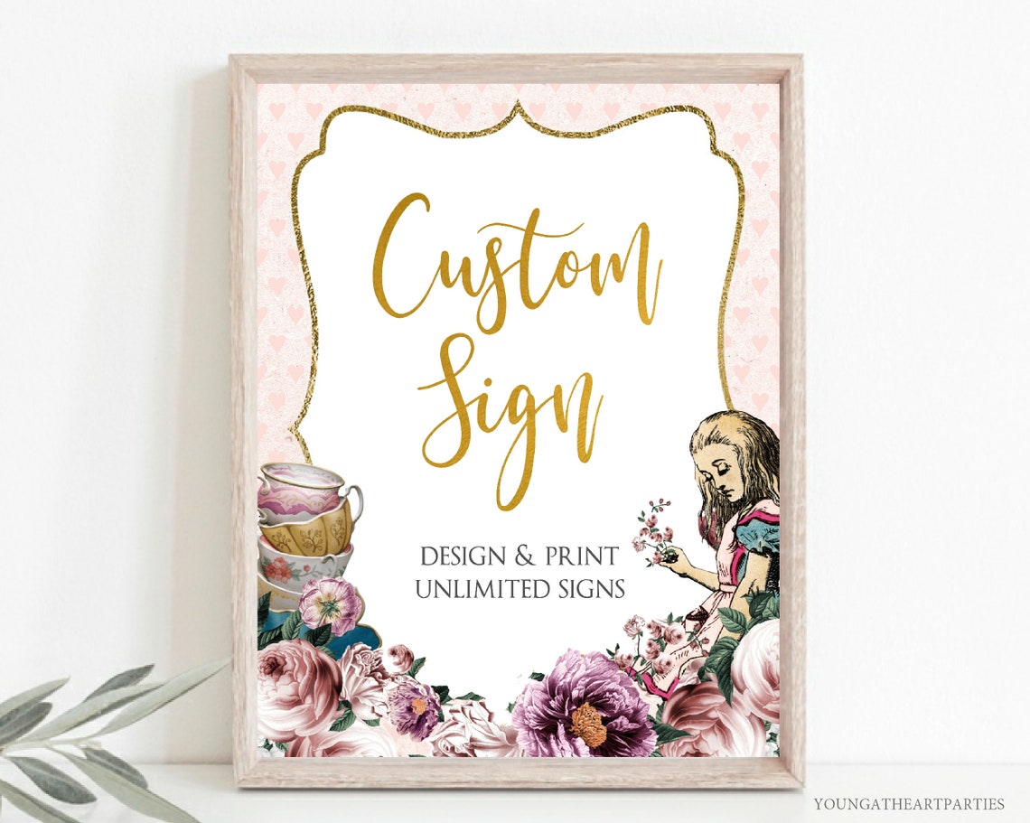 Alice in Wonderland Custom Sign Gold Script Teacup Party Poster