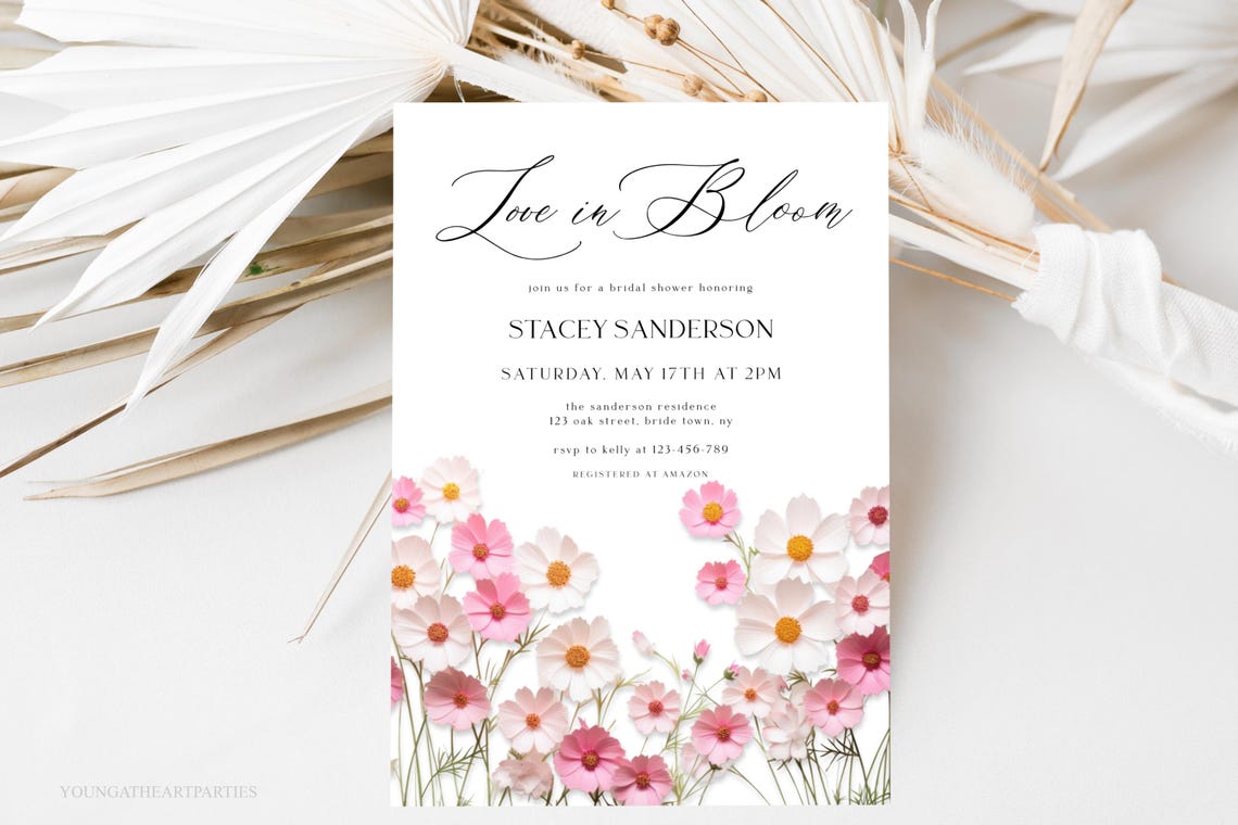 Pink Cosmos Love In Bloom Bridal Shower Invitation Editable Print